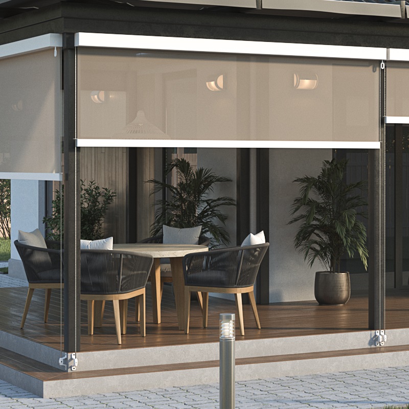 Кассетная модель для наружного использования в которой отсутствуют боковые направляющие, а фиксация полотна обеспечивается за счет натяжения вдоль проема троса диаметром 4 мм из нержавеющей стали и крепления полотна ткани к нему.